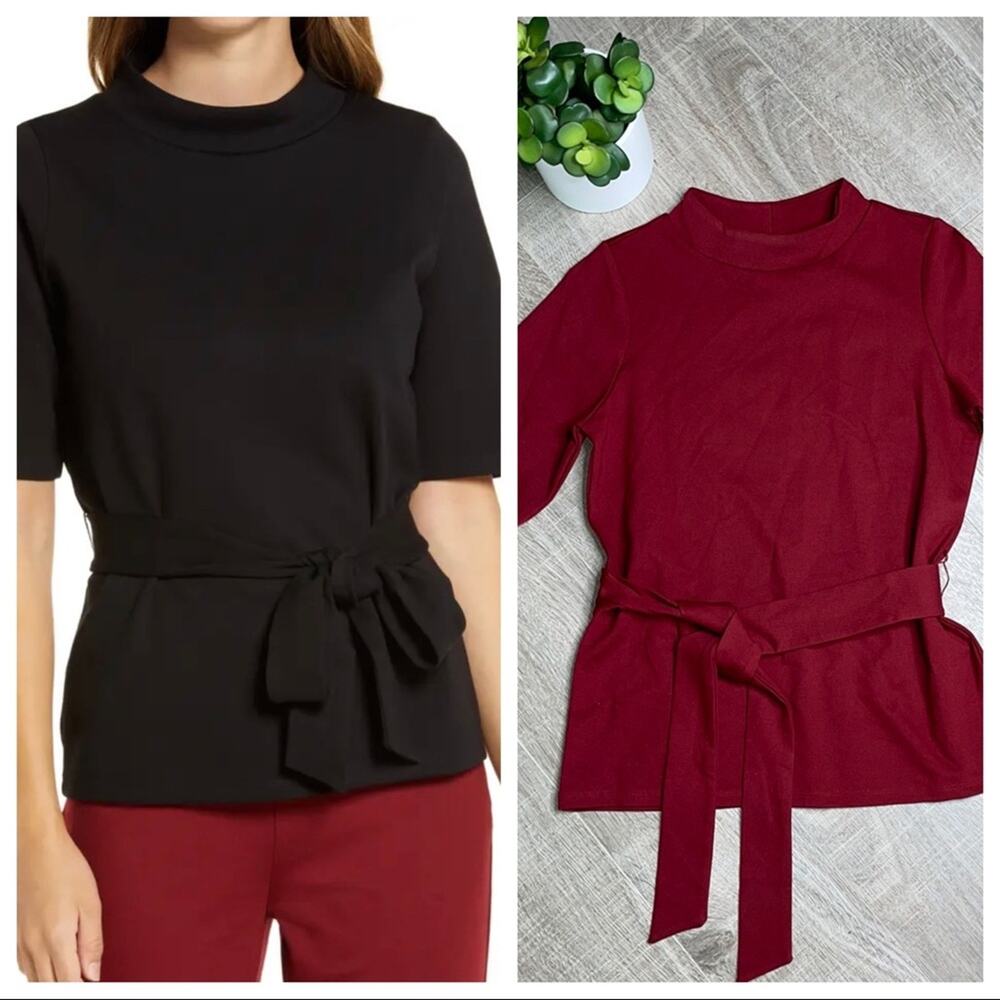 NWOT HALOGEN Women's Burgundy Tie Waist Mock Neck Top